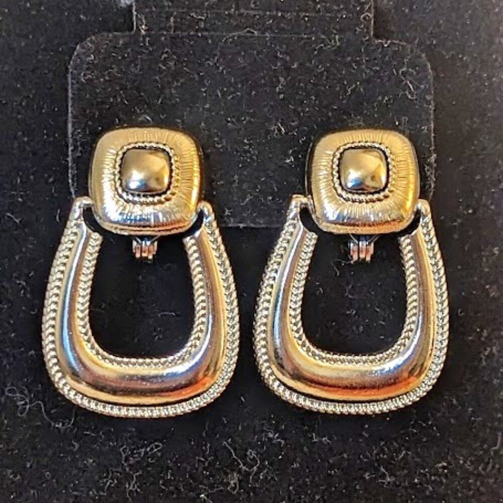 Vintage Signed Monet Silver Tone Clip On Doorknocker Earrings